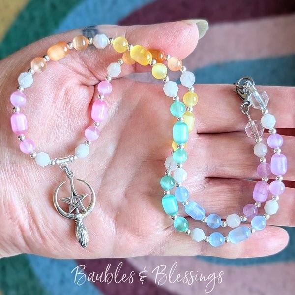 Witchy Broom Necklace with Rainbow Selenite & Moonstone