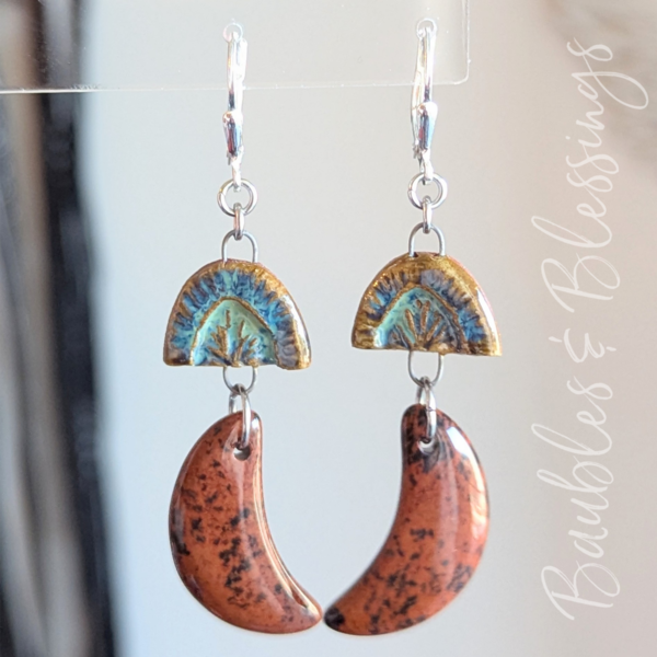 Mahogany Obsidian Moon & Ceramic Earrings