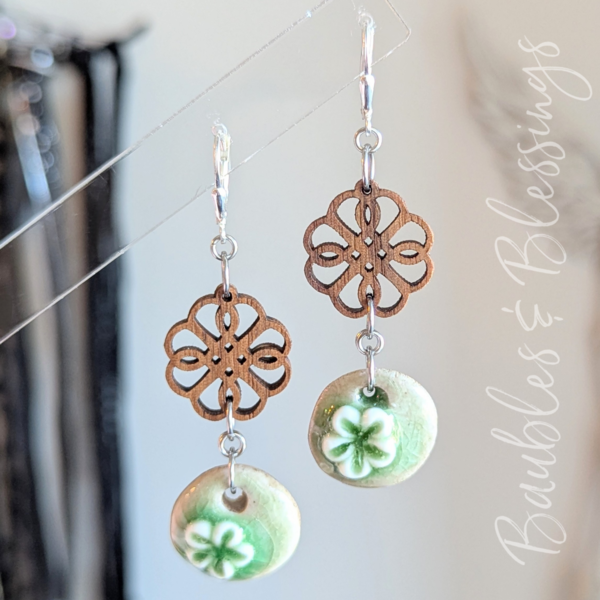 Walnut Wood & Ceramic Flower Charm Earrings