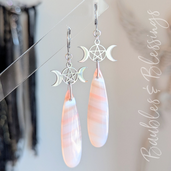 Sardonyx Earrings with Triple Moon Pentagram Charms