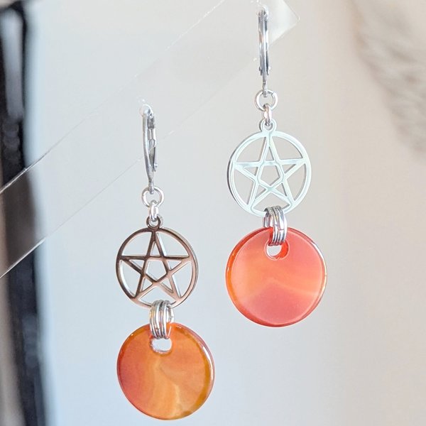 Pentagram Earrings with Red Agate Charms