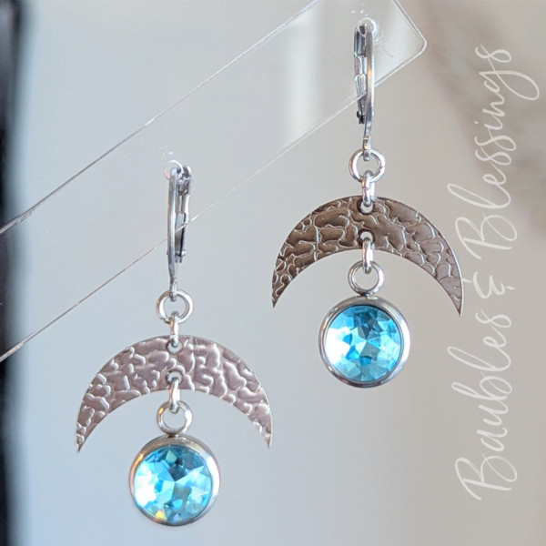 Crescent Moon Earrings with Light Aqua Crystals