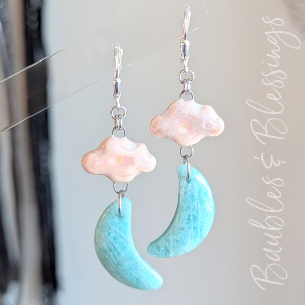 Amazonite Crescent Moon & Ceramic Cloud Earrings