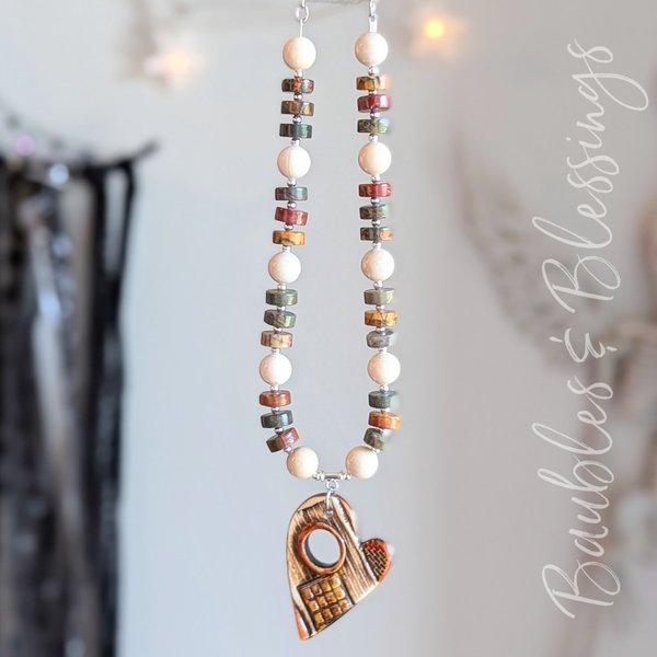 Architectural Heart Necklace with Jasper & Riverstone