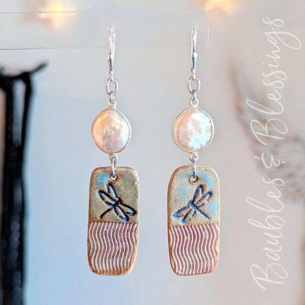 Boho Dragonfly Earrings with Pearl & Sterling Silver
