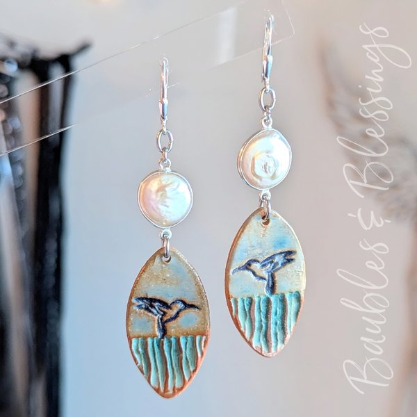 Boho Hummingbird Earrings with Pearl & Sterling Silver