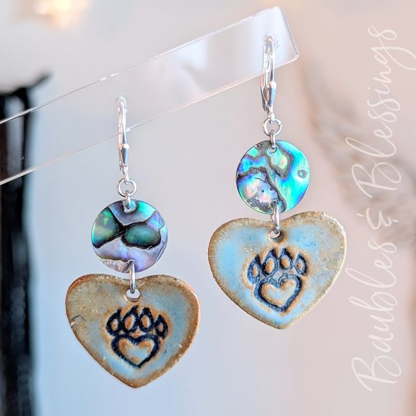 Earthy Paw Print Earrings with Abalone Shell