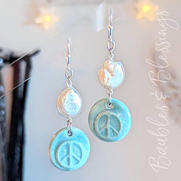 Fun Peace Sign Earrings with Pearl & Sterling Silver