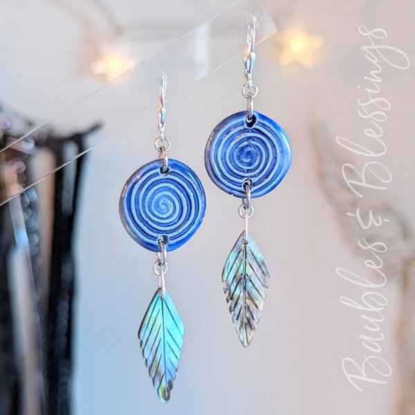 Blue Spiral Earrings with Abalone Shell Feathers