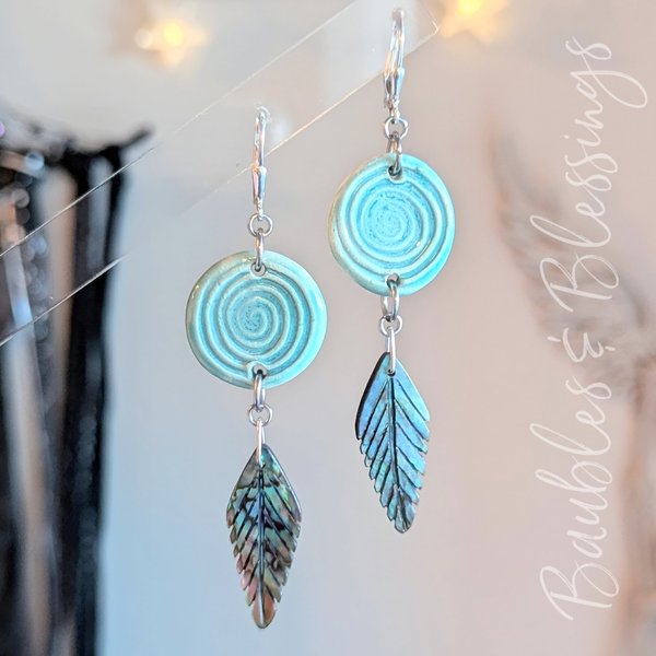 Aqua Spiral Earrings with Abalone Shell Feathers