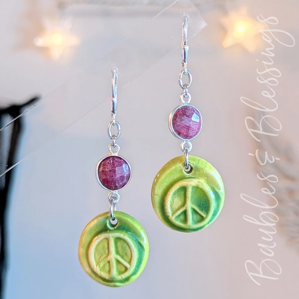 Cheerful Peace Sign Earrings with Ruby & Sterling Silver
