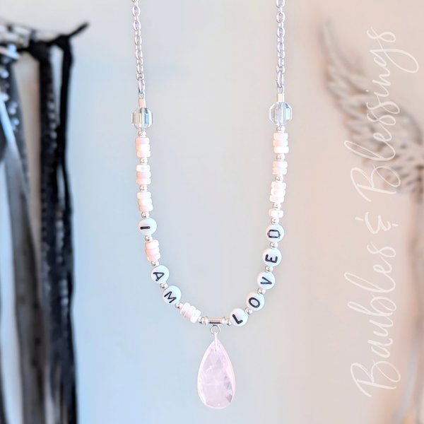 "I AM LOVED" Affirmation Necklace with Rose Quartz