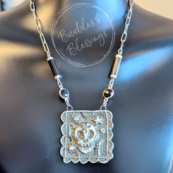 Skull Papel Picado Necklace with Onyx Gems