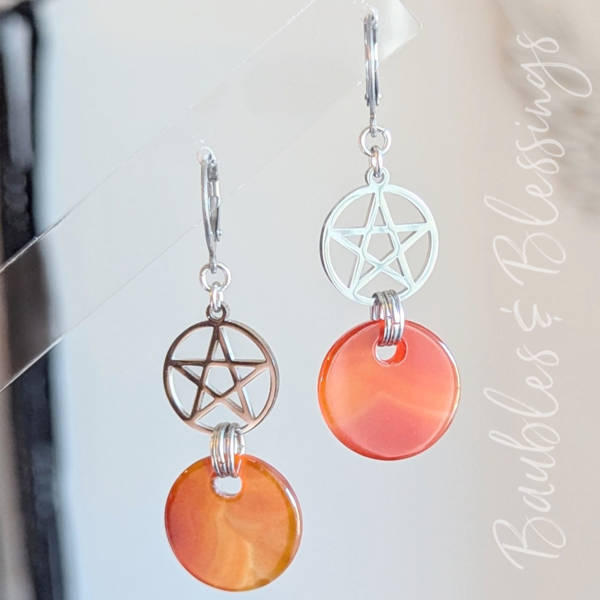 Pentagram Earrings with Red Agate Charms