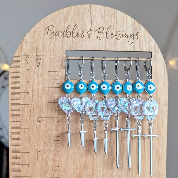RESERVED for N: Evil Eye Earrings w Skulls & Daggers