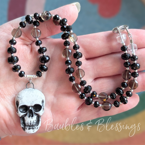 Skull Necklace with Onyx & Smoky Quartz Coins 