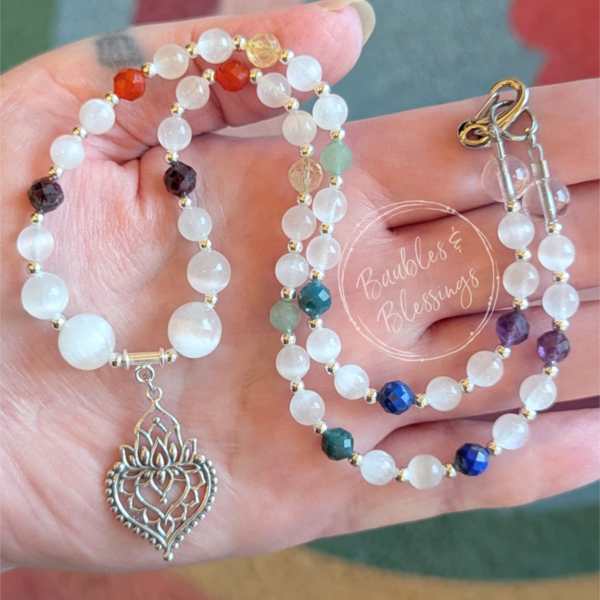 Selenite & Chakra Stone Necklace with Sterling Lotus