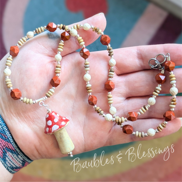 Mushroom Necklace with Jasper & Riverstone Beads