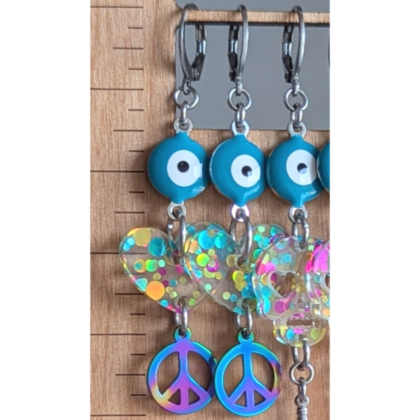RESERVED for S: Evil Eye Earrings w Hearts & Peace Signs