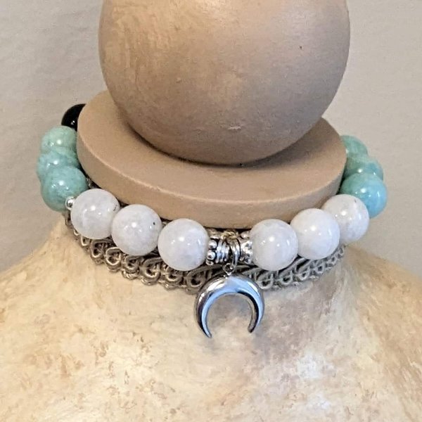 Moon Bracelets with Moonstone, Amazonite & Onyx