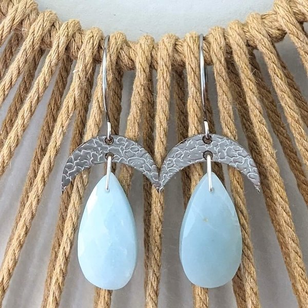 Hammered Stainless Steel & Amazonite Crescent Moon Earrings