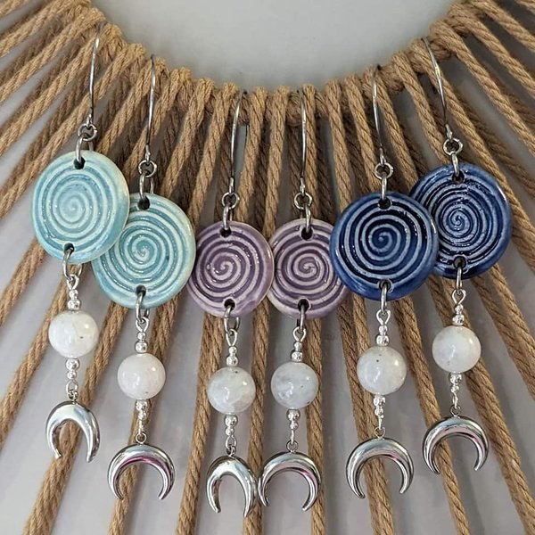Crescent Moon Earrings with Moonstone & Beadfreaky Spirals