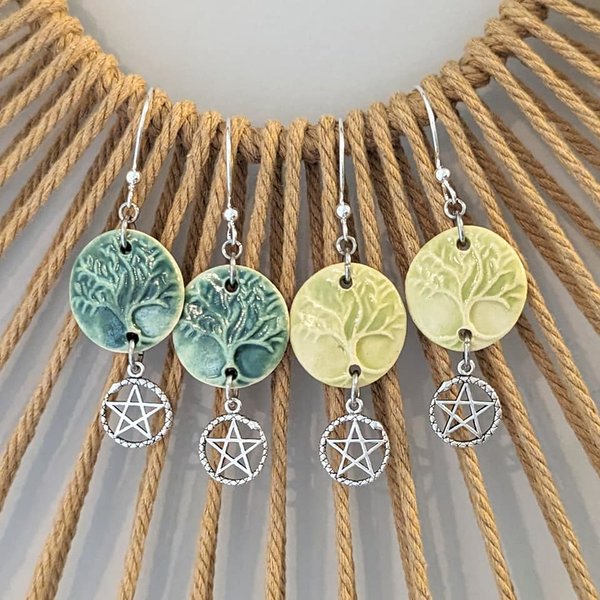 Tree of Life Earrings with Ouroboros Pentagrams