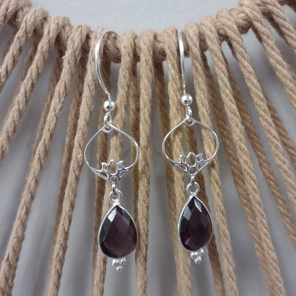 Sterling Silver Lotus Earrings with Lab Created Amethyst