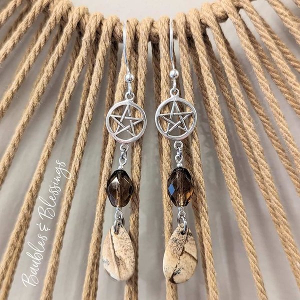 Sterling Silver Pentagram & Picture Jasper Earrings