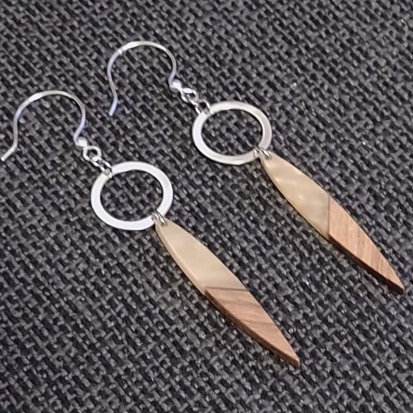 Silver Hoop Earrings with Resin & Wood Dangle