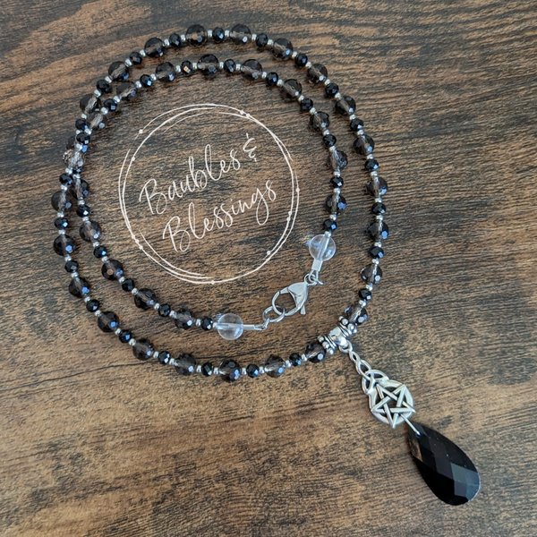Celtic Witch Necklace with Spinel, Smoky Quartz & Obsidian
