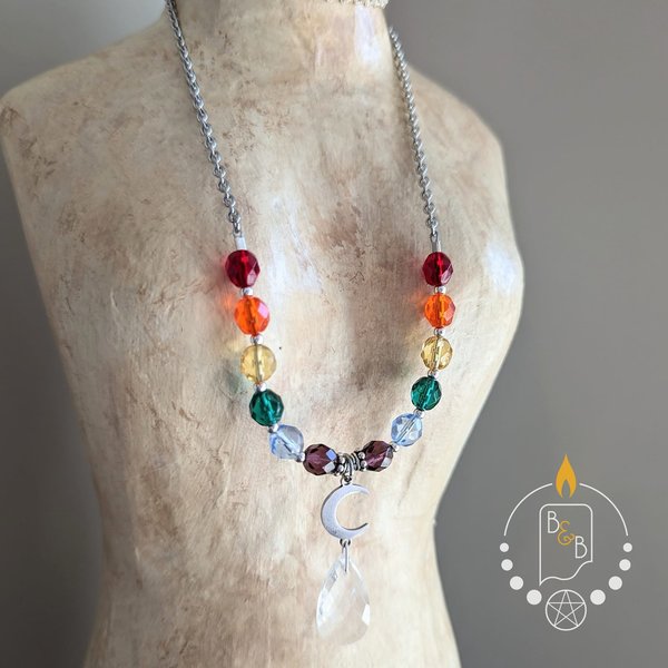 Rainbow Pride Necklace with Crescent Moon & Quartz Drop (MTO)