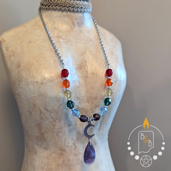 Rainbow Pride Necklace with Crescent Moon & Amethyst Drop