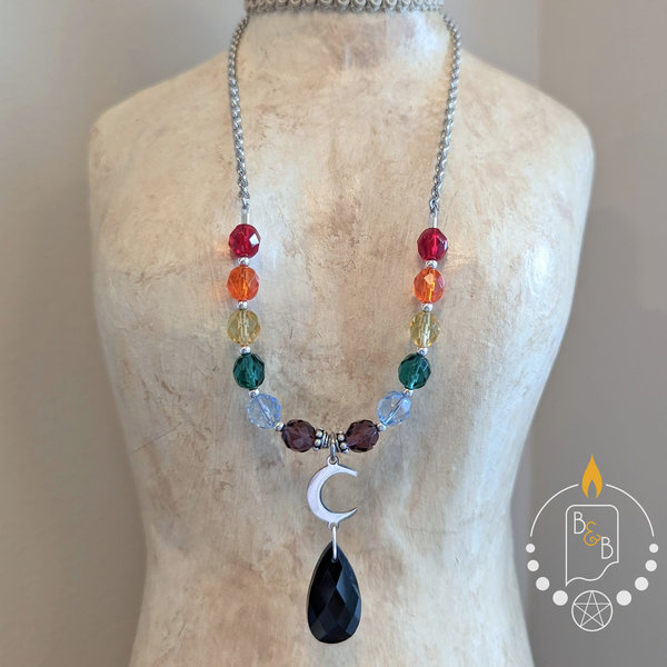 Rainbow Pride Necklace with Crescent Moon & Obsidian Drop