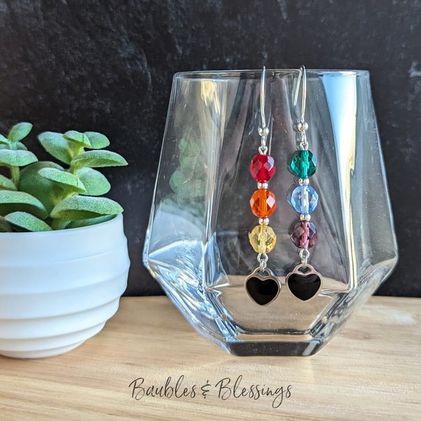 Rainbow Czech Glass Pride Earrings with Hearts