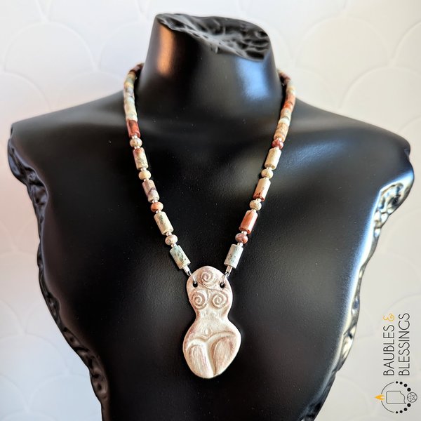 Impression Jasper Necklace with Goddess Focal by Beadfreaky