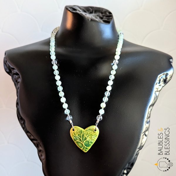 Prehnite Necklace with Handmade Heart-Shaped Tree Focal