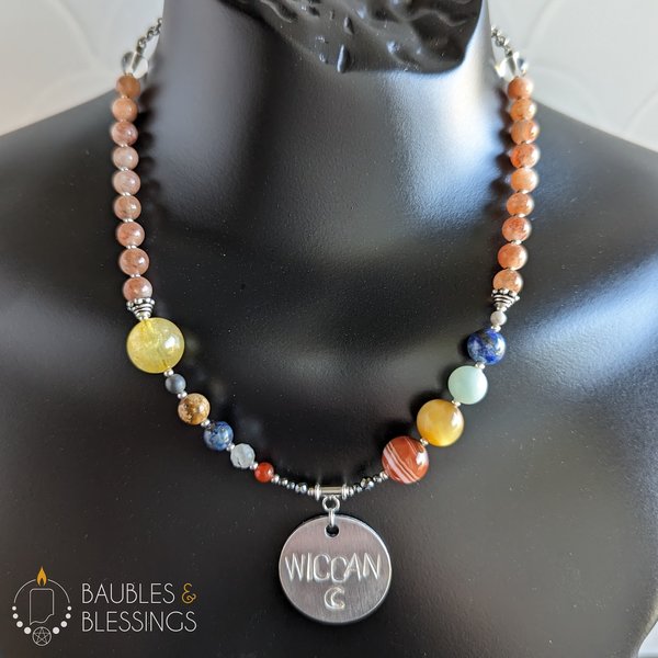 Solar System Necklace with Sunstone & Hand-Stamped "Wiccan" Pendant