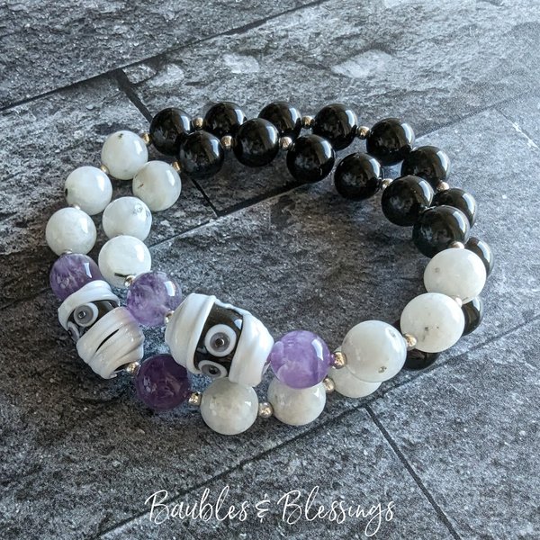 Cute Mummy Bracelets: Amethyst, Moonstone & Onyx (MTO)