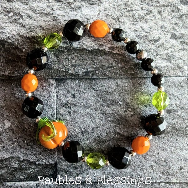 Halloween Pumpkin Bracelets: Onyx & Czech Glass (MTO)