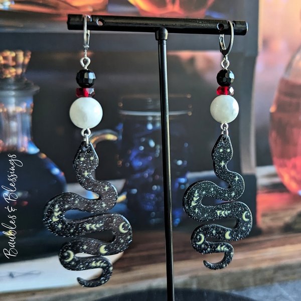 Snake Earrings with Moonstone & Onyx (MTO)
