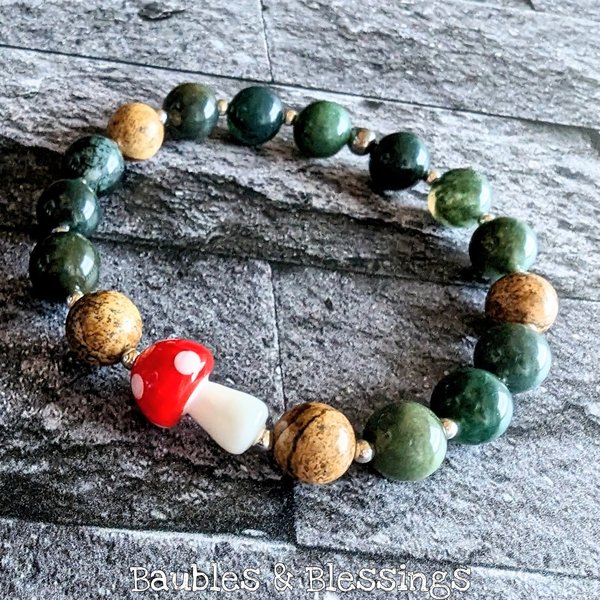 Toadstool Bracelets with Moss Agate & Picture Jasper