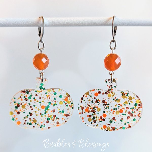 Acrylic Confetti Pumpkin Earrings with Carnelian (MTO)
