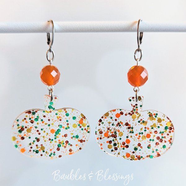 Acrylic Confetti Pumpkin Earrings with Carnelian