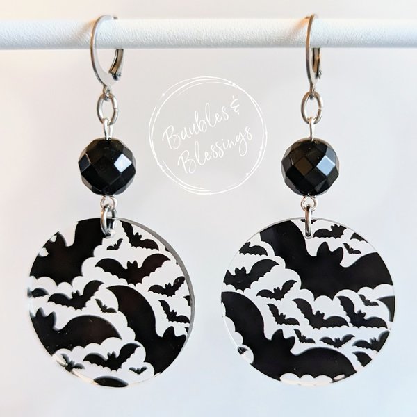 Acrylic Bat Earrings with Czech Glass & Onyx (MTO)