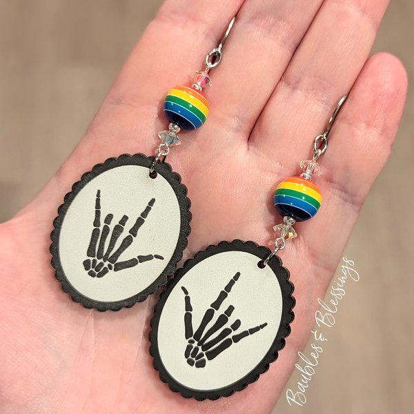 Acrylic Skeleton Hand ILY ASL Earrings with Rainbow Beads