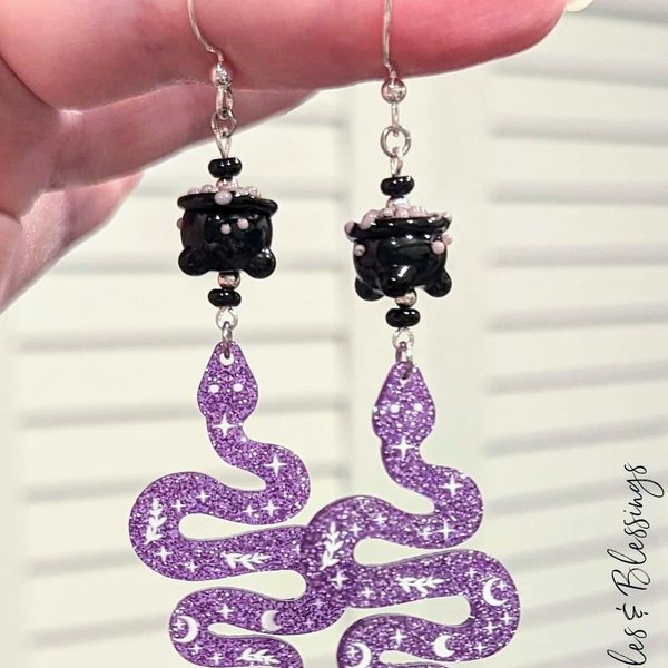 Witchy Purple Snake Earrings with Lampwork Cauldrons