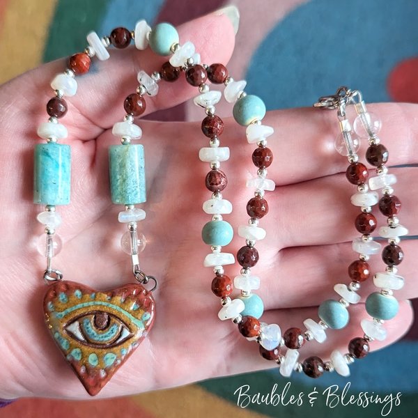 Eye Love You Necklace with Apple Jasper, Amazonite & Moonstone
