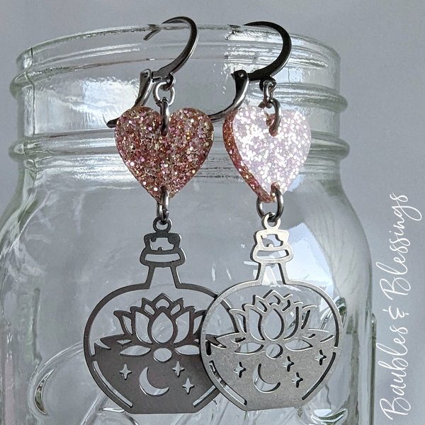 Stainless Steel Potion Bottle Earrings with Sparkly Rose Gold Hearts