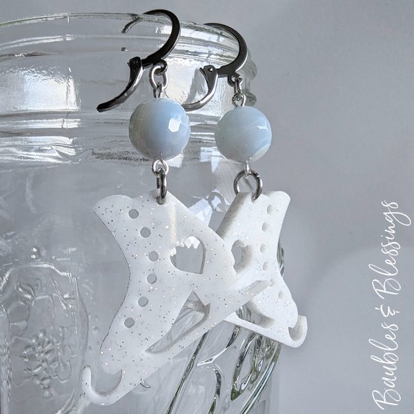 Sparkly Acrylic Ice Skate Earrings with Faceted Blue Agate